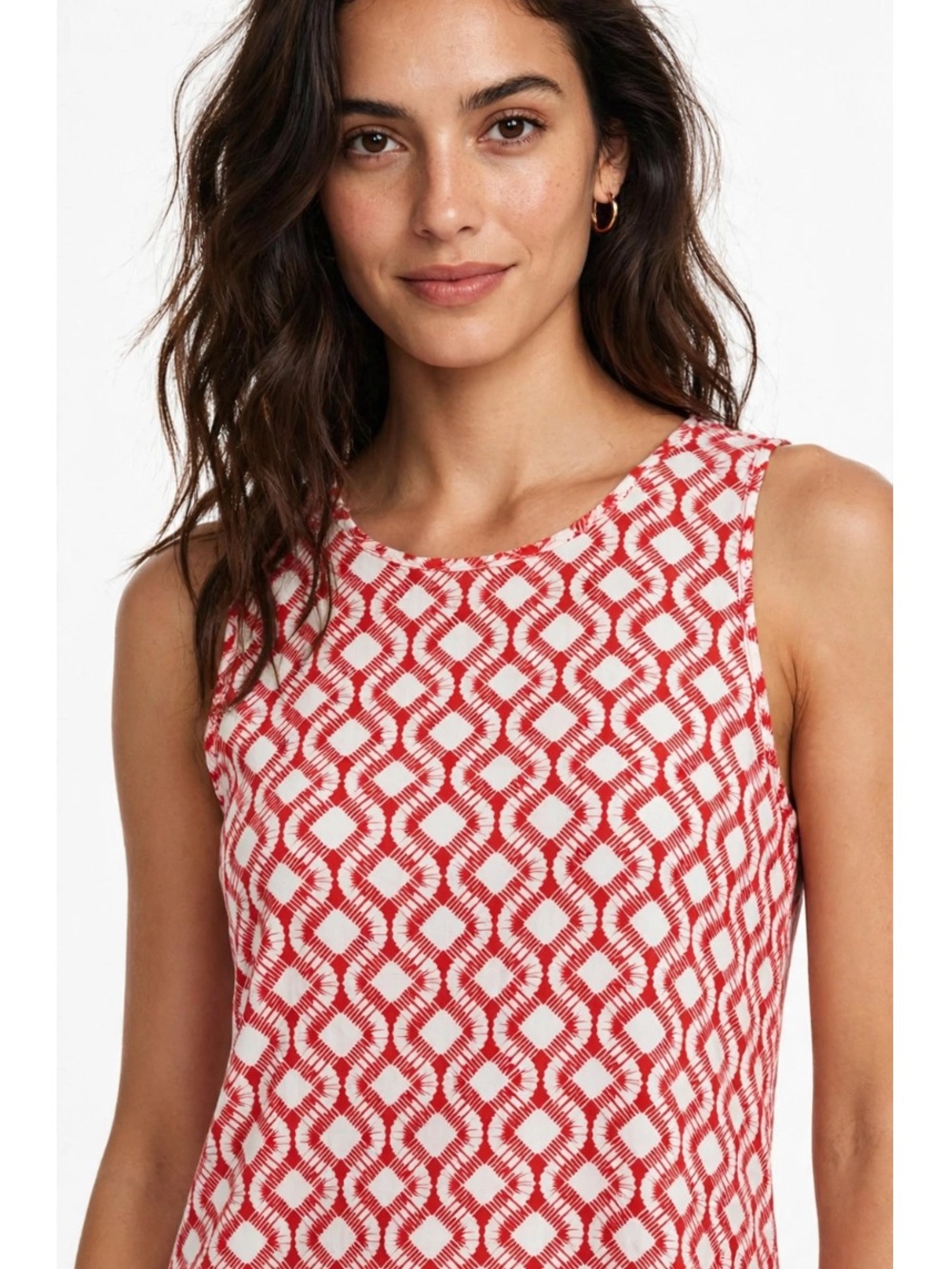 Maya Red and White Sleeveless Geometric Tank